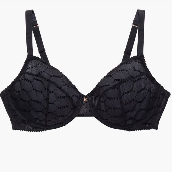 Savage X Fenty Flocked Logo Unlined Demi Bra Black Mesh Size 36DD Gold Hardware - Picture 2 of 11